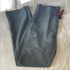 Figs Women's Kade Scrub Pants in Green with Burgundy Tie